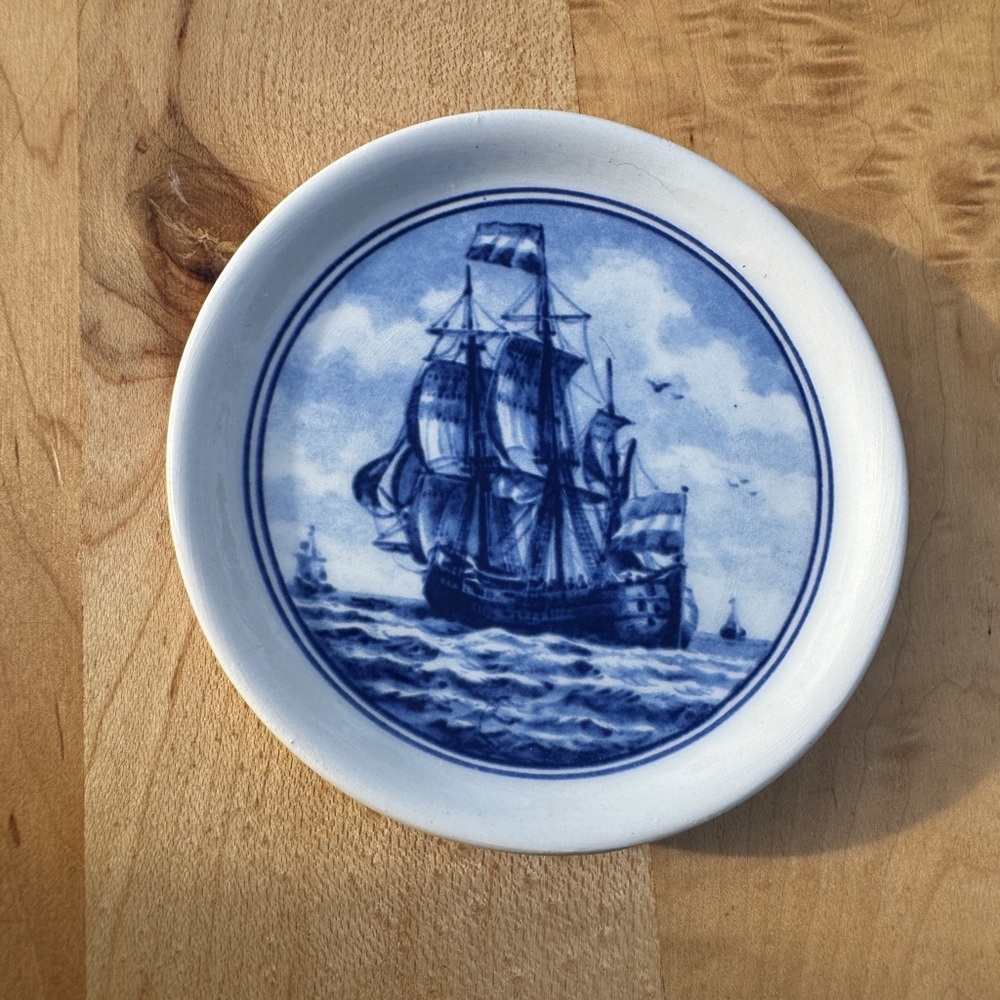 Vintage Royal Delft Blue & White Coaster/ Butter Pat Dish, Nautical Ship